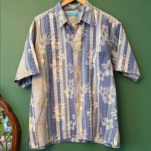 Tori Richard Mens XL Aloha Multi Blue Tropical Striped Woven Vacation Beach